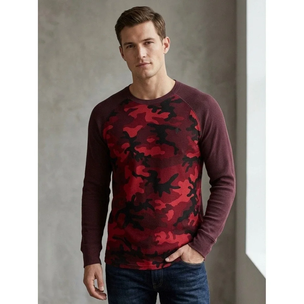 Polo Ralph Lauren Mens 2XL Red Camo Waffle Knit Thermal Long Sleeve Shirt Raglan